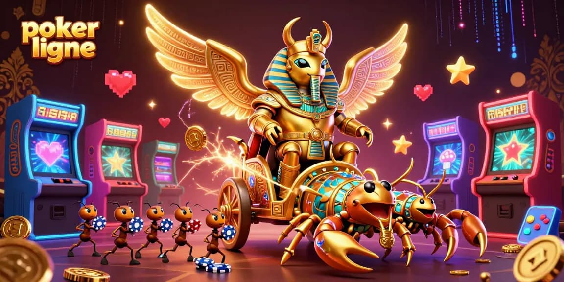 Jouez au poker en ligne avec un scarabée doré et des scorpions dans une illustration dynamique.