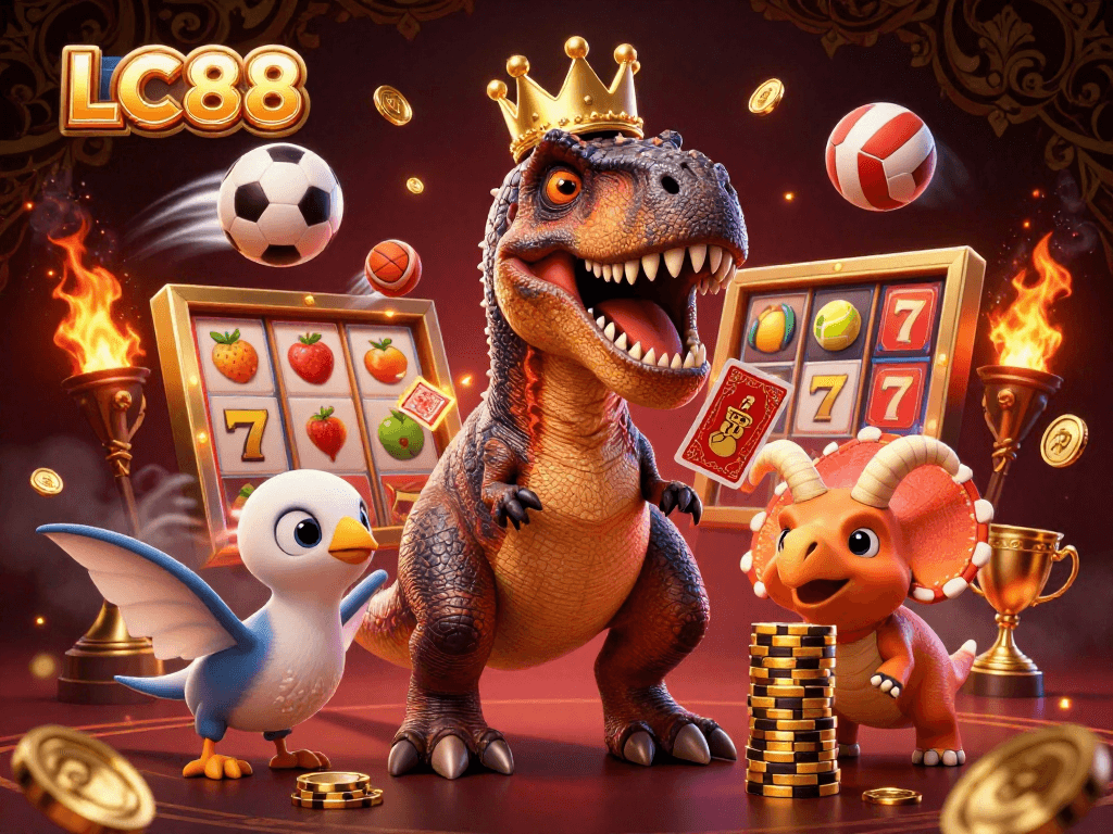 Join the fun at LC88 with a friendly T-Rex shuffling cards in a lively casino scene.