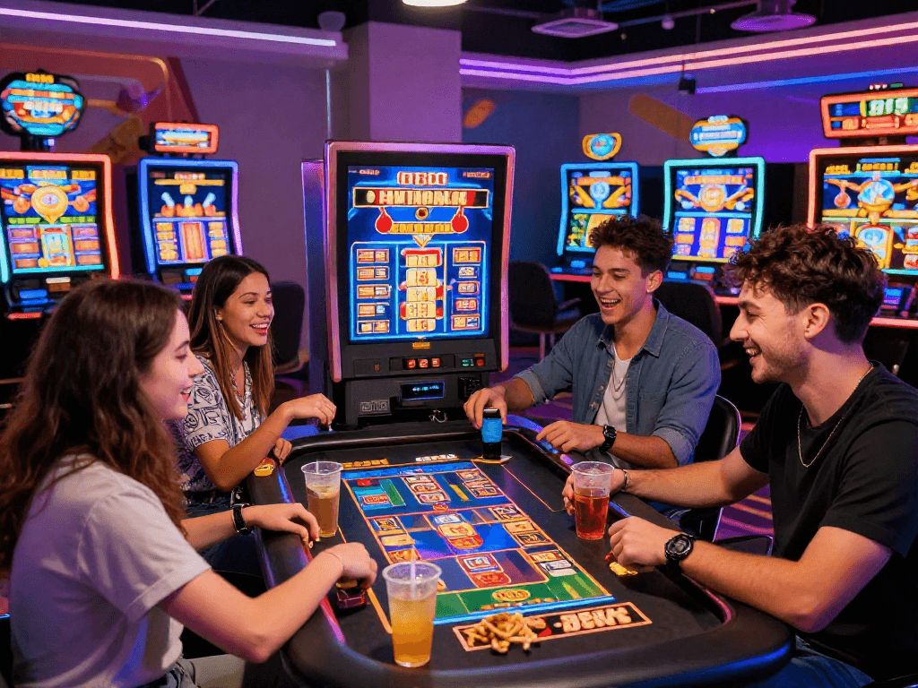 Friends enjoying an engaging slot88 gaming experience in a vibrant casino atmosphere.