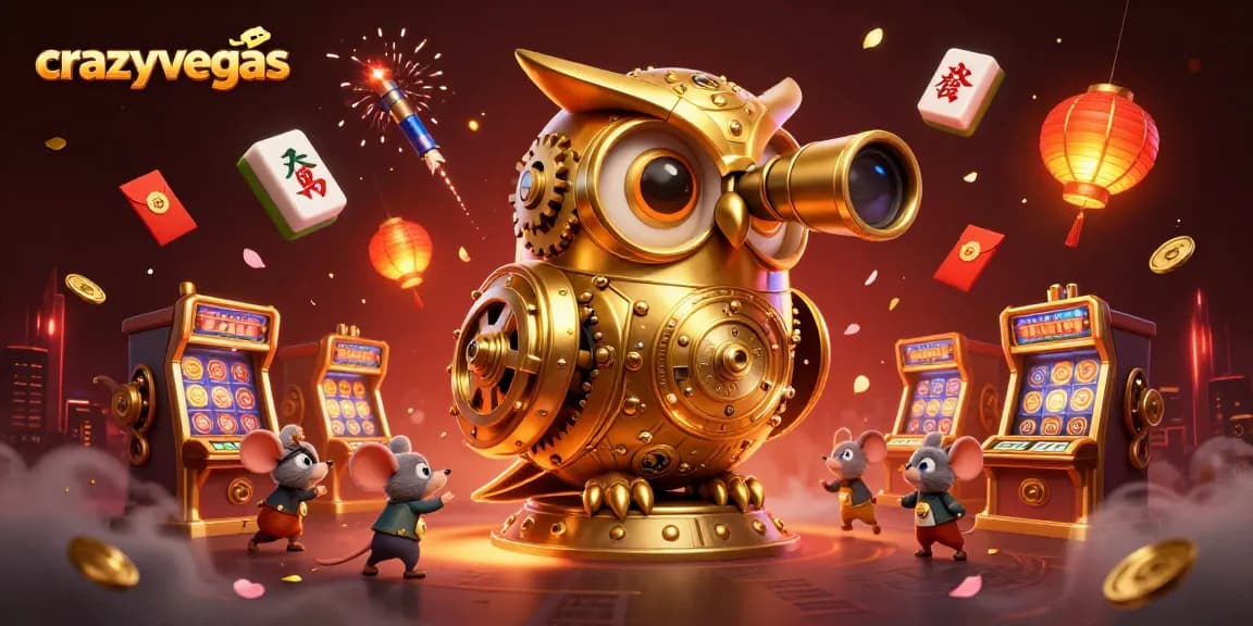 Capture big wins at crazyvegas with a dynamic casino scene featuring a clockwork owl and festive symbols.