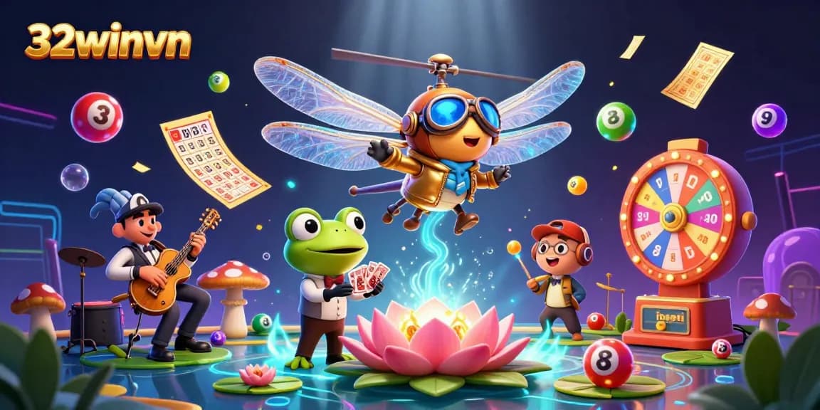 Experience winning excitement in a vibrant 32winvn gaming scene with colorful lottery elements and engaging characters.