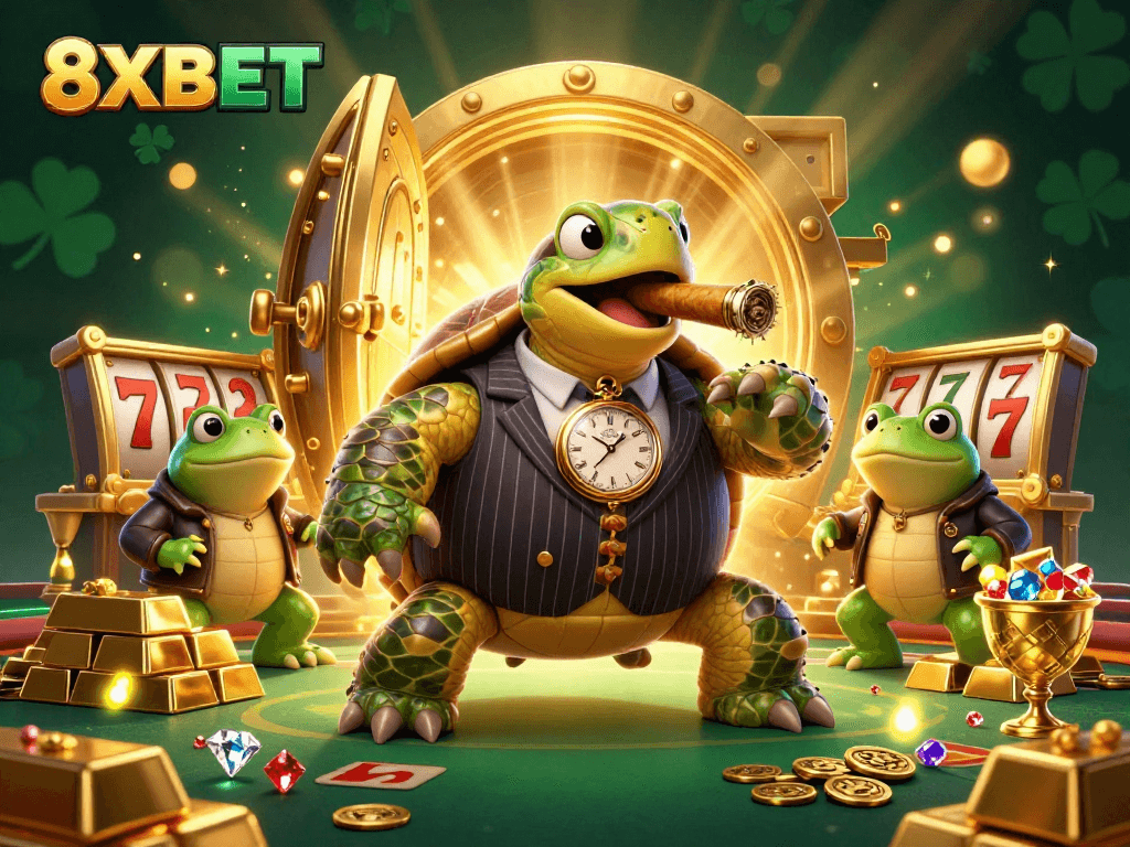 Engage with 8XBET's vibrant casino atmosphere featuring a cartoon turtle mobster and bullfrog enforcers surrounded by treasures.