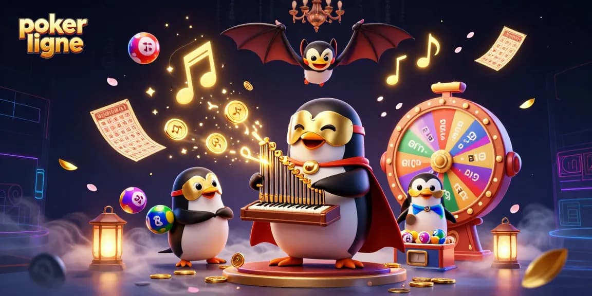 Joue au poker en ligne, avec un pingouin fantôme jouant de l'orgue, des pièces d'or et un acrobate chauve-souris.