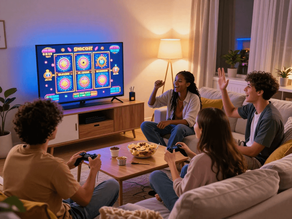 Friends enjoying an exciting game session of slot gacor in a cozy living room.
