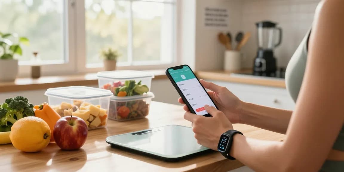 Person using the best AI macro tracker app in a vibrant kitchen setting while preparing fresh meals.