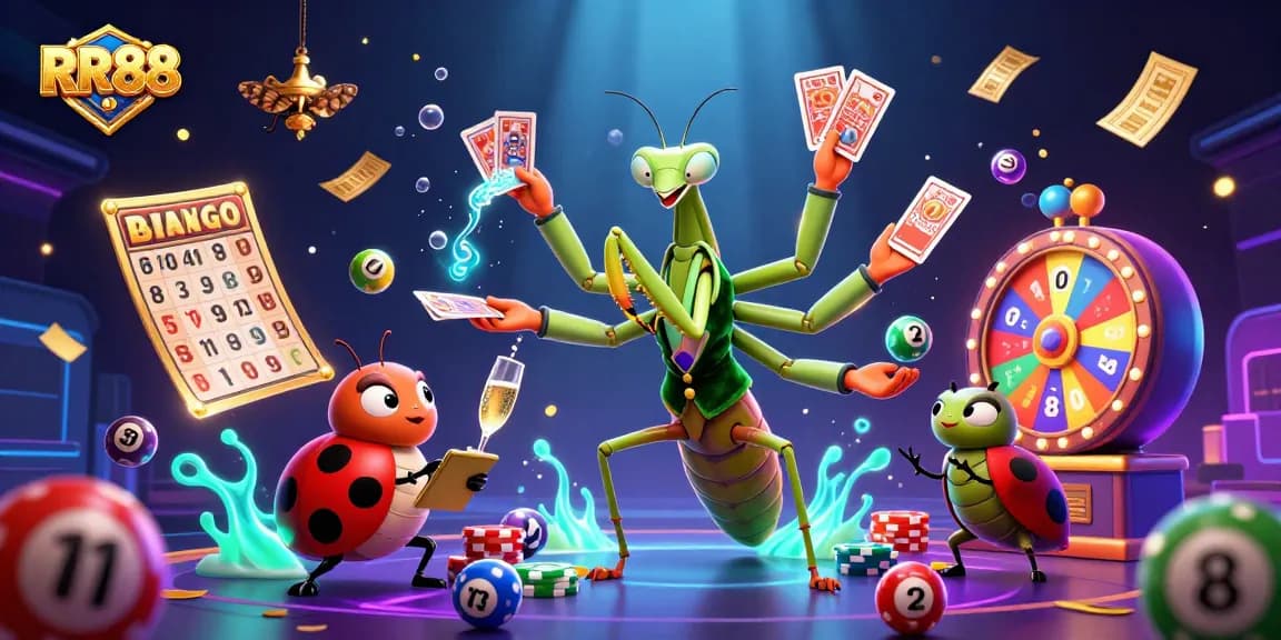 Experience the excitement of RR88, featuring a vibrant casino scene with thrilling games and characters.