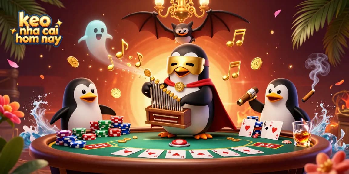 Experience keo nha cai hom nay through cartoon penguins and dynamic poker elements in a vivid casino illustration.