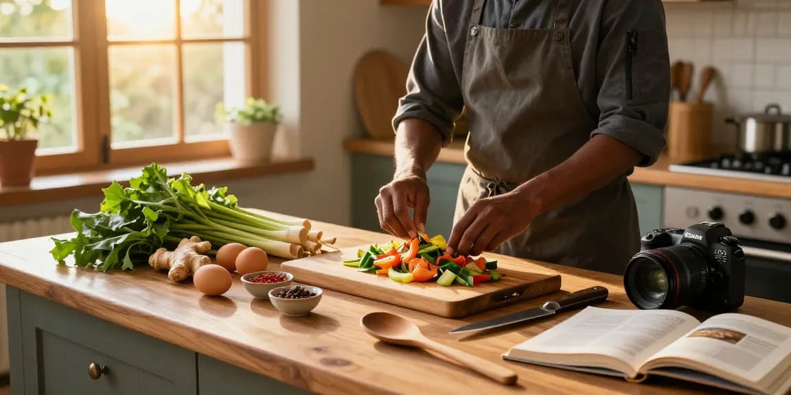 A skilled chef in a rustic kitchen preparing a fresh dish with ginger and lemongrass, promoting healthy cooking tips for สล็อตเว็บตรง enthusiasts.