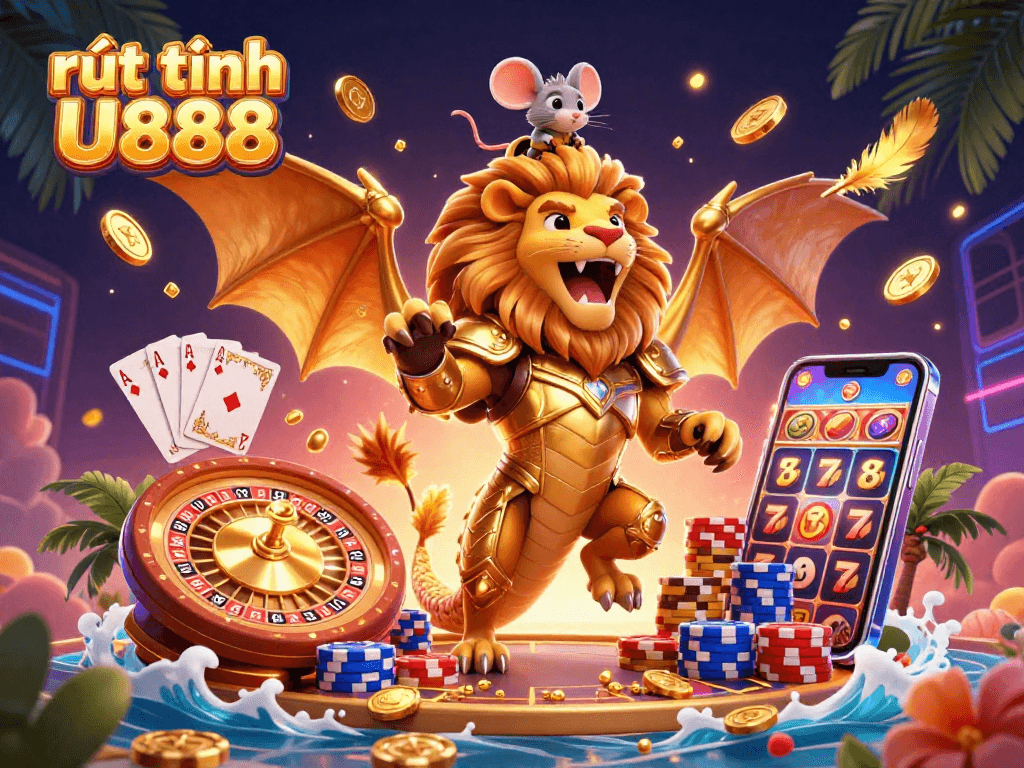 Experience thrilling rút tiền U888 action with a roaring chimera and vibrant casino elements.