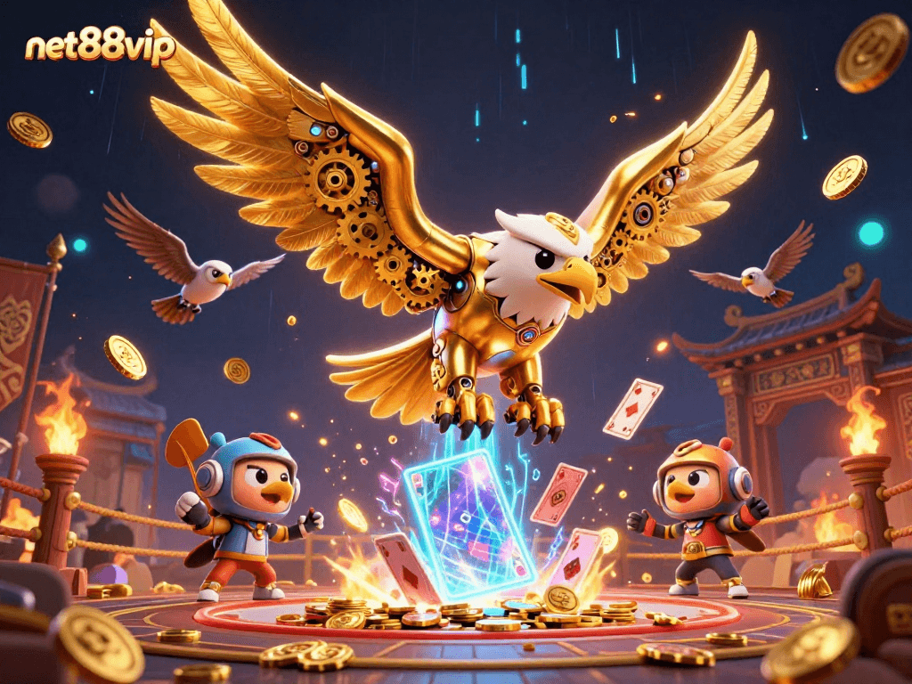 Engage with net88vip through a vibrant 3D casino illustration packed with gold coins and playing cards.