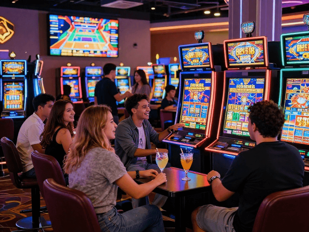 Group enjoying slot88 gaming experience in lively casino atmosphere