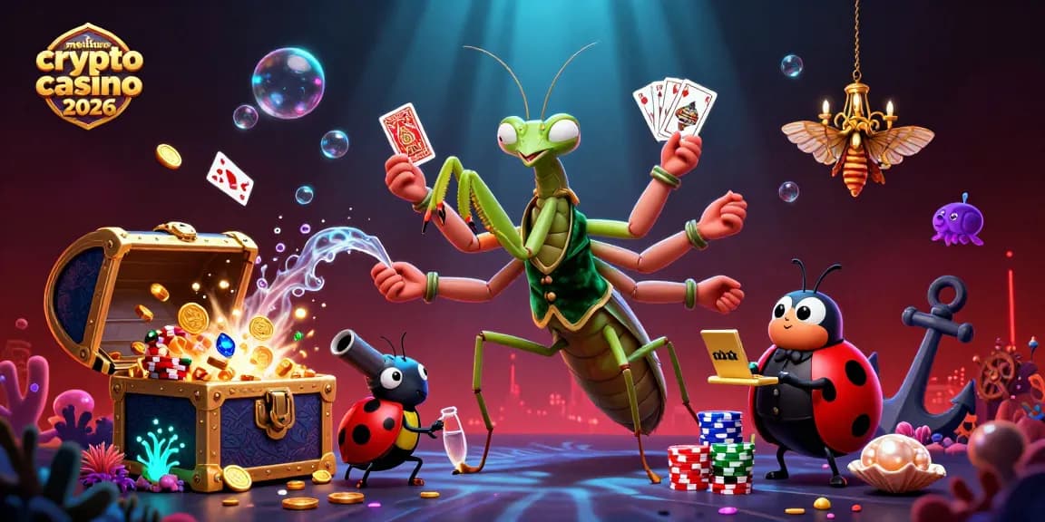 Admirez les meilleurs crypto casino 2026 avec une scène animée de jeu, pleine de couleurs et d'actions.
