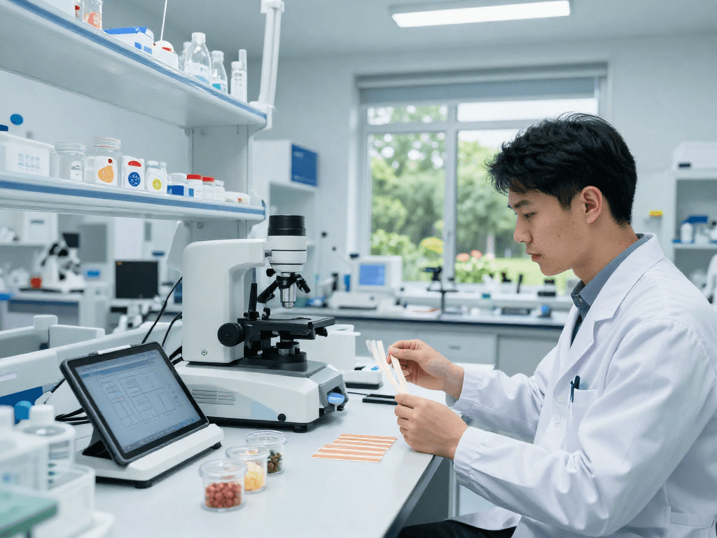 BPC 157 Side Effects highlighted in a modern lab setting where a scientist evaluates advanced buccal strip formulations.
