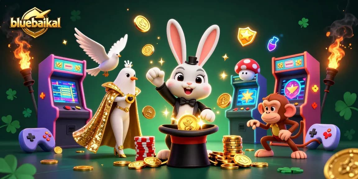 Experience exciting gambling with bluebaikal as a magician rabbit pulls coins amidst vibrant casino elements.
