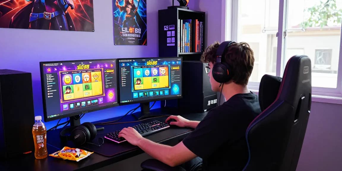 Exciting scene of a gamer engaged with slot88 games in a vibrant gaming setup.