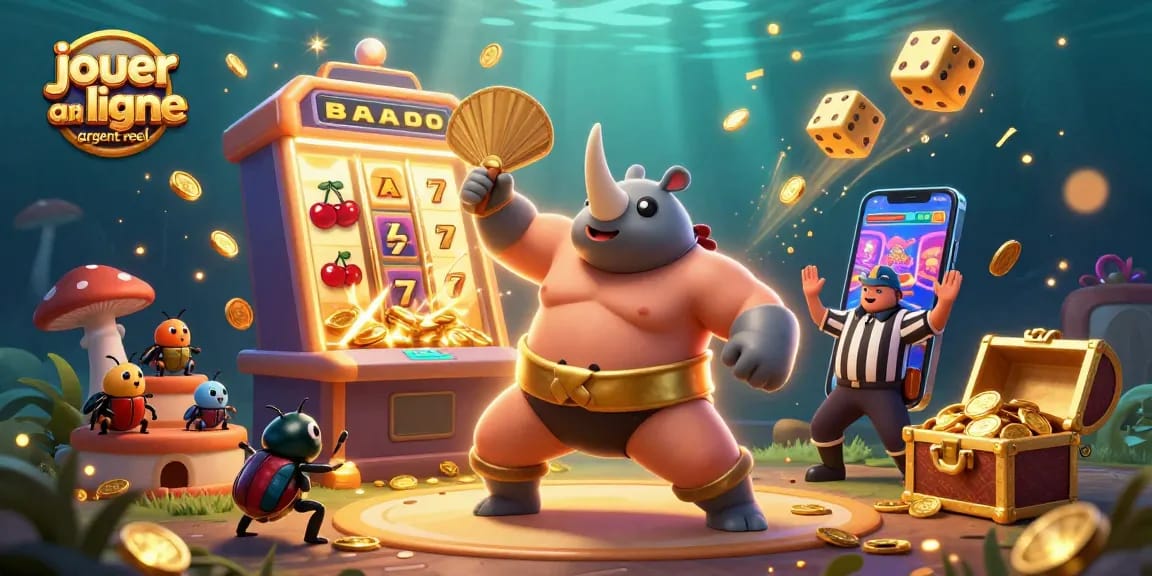 Jouer au casino en ligne argent réel avec un scarabée rhinocéros cartoonesque champion sumo, une machine à sous et des pièces d'or volantes.