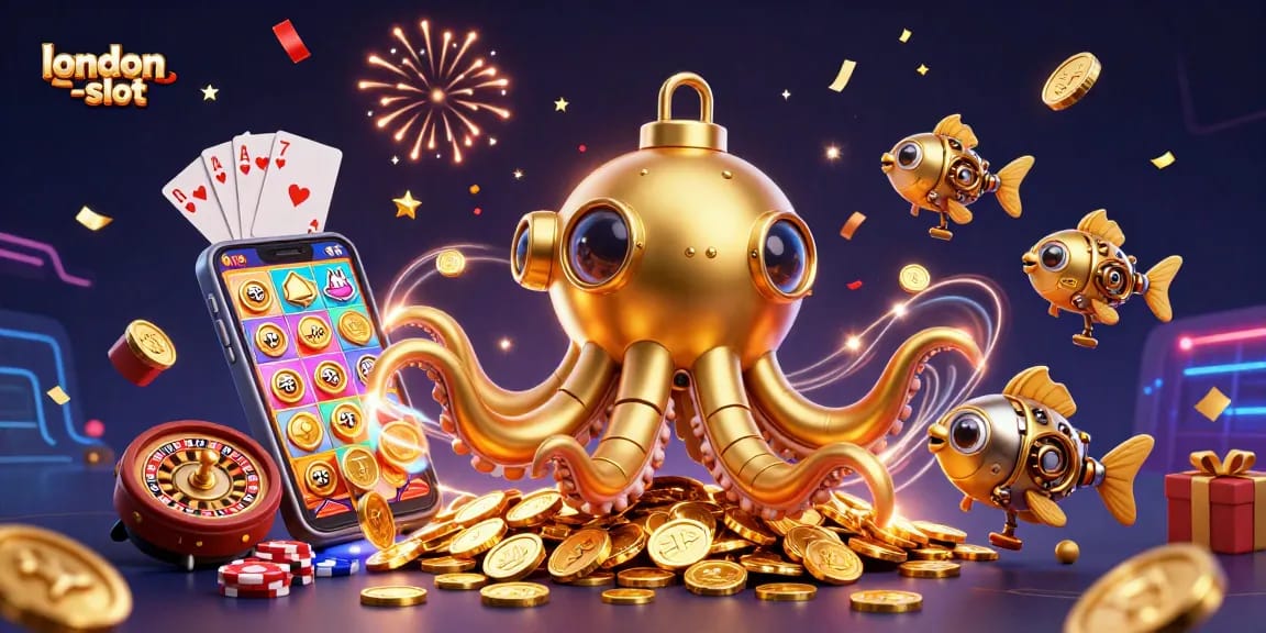 Engage with london-slot as a golden kraken submarine emerges amidst a sea of coins and slot game excitement.