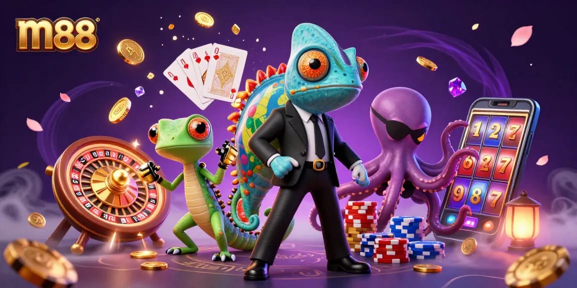 Experience the thrilling online gaming atmosphere at m88 with colorful characters and dynamic casino elements.