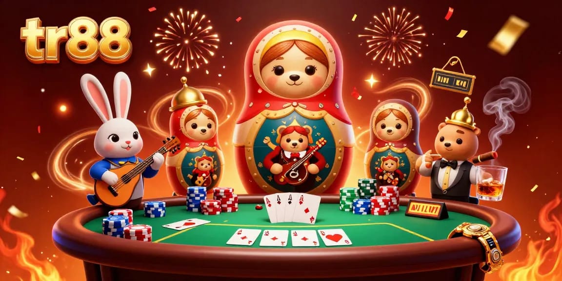 Experience the excitement of casino gaming with TR88, featuring dynamic poker elements and vibrant characters.