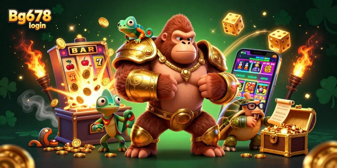 Engage with Bg678 login at an exciting casino, featuring a gorilla, chameleon, and tortoise.