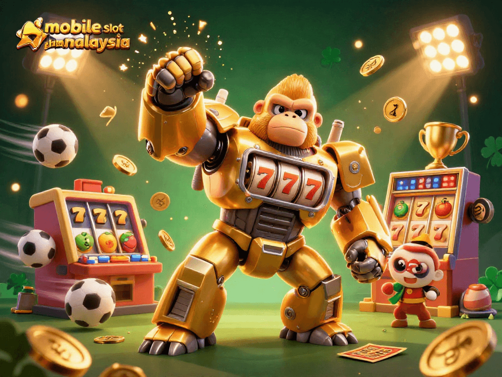 Immerse in the thrilling mobile slot game Malaysia featuring golden gorilla mech and dynamic casino elements.
