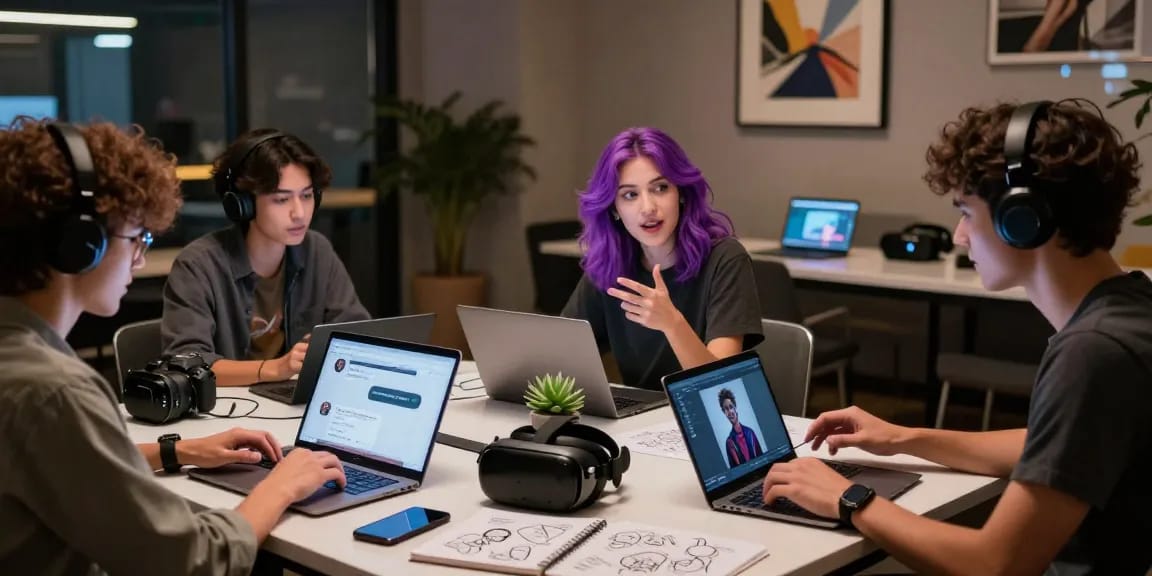 Dynamic scene showcasing young adults engaging with ai chat nsfw technologies in a modern lounge.