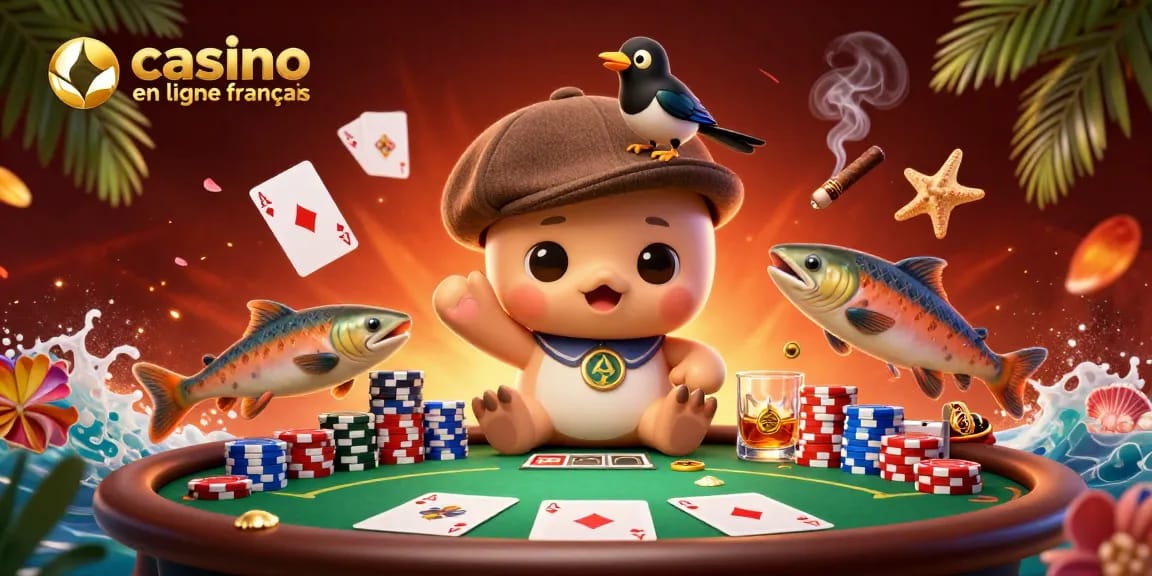 Jouer au casino en ligne français avec une illustration de personnages amusants et des éléments de jeu envolés