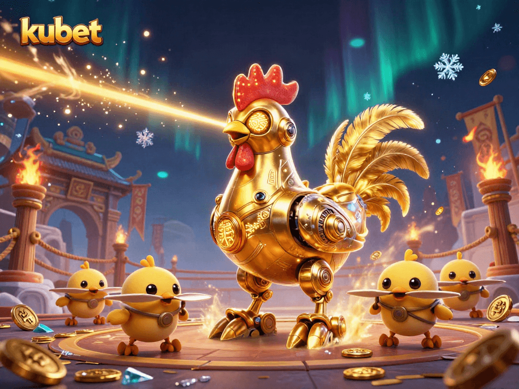 Engage with kubet through dynamic 3D casino action featuring a golden rooster robot.