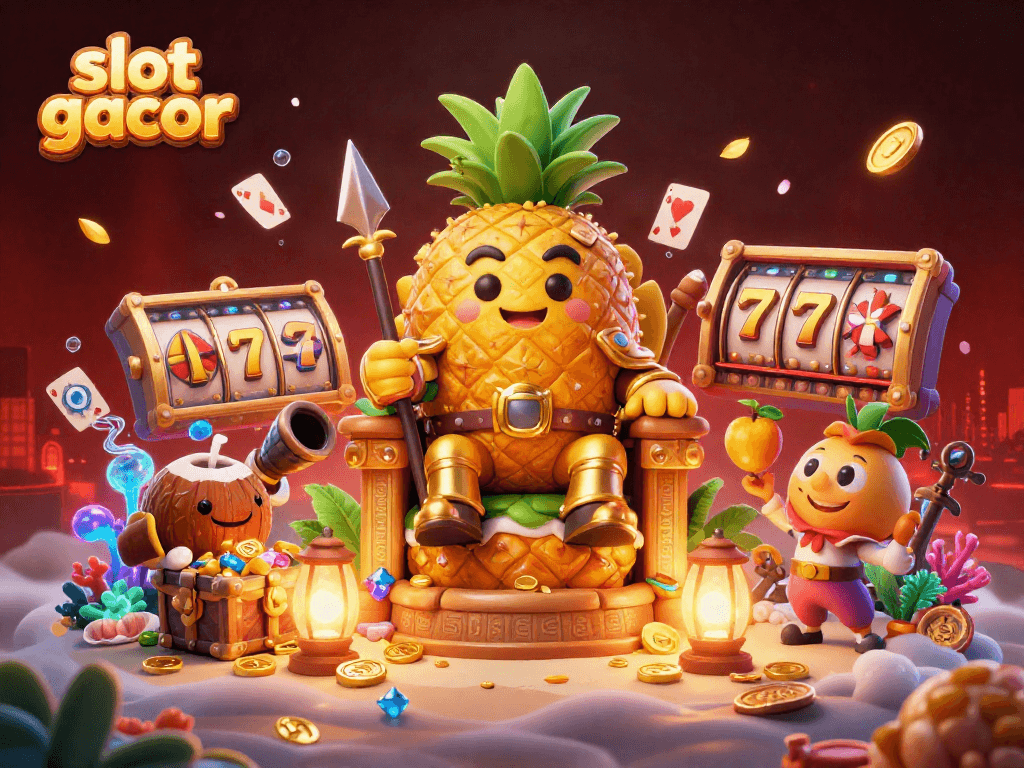 Engage with slot gacor gameplay featuring a golden pineapple king amidst festive beach casino elements.