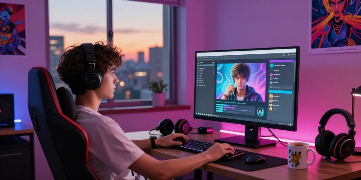 Interactive NSFW AI chat scene showcasing a user engaged with a character on a vibrant digital interface.