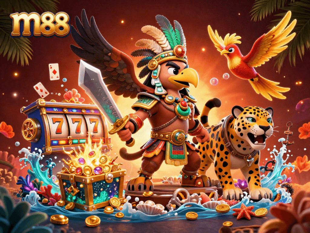 Engage with m88 in a vibrant 3D casino scene featuring dynamic Aztec warrior elements and exciting gaming visuals.