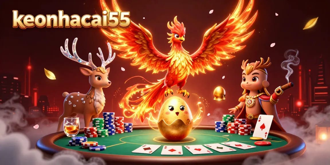 Engage with keonhacai55 by exploring vibrant casino elements featuring a fire phoenix and a mystical stag.