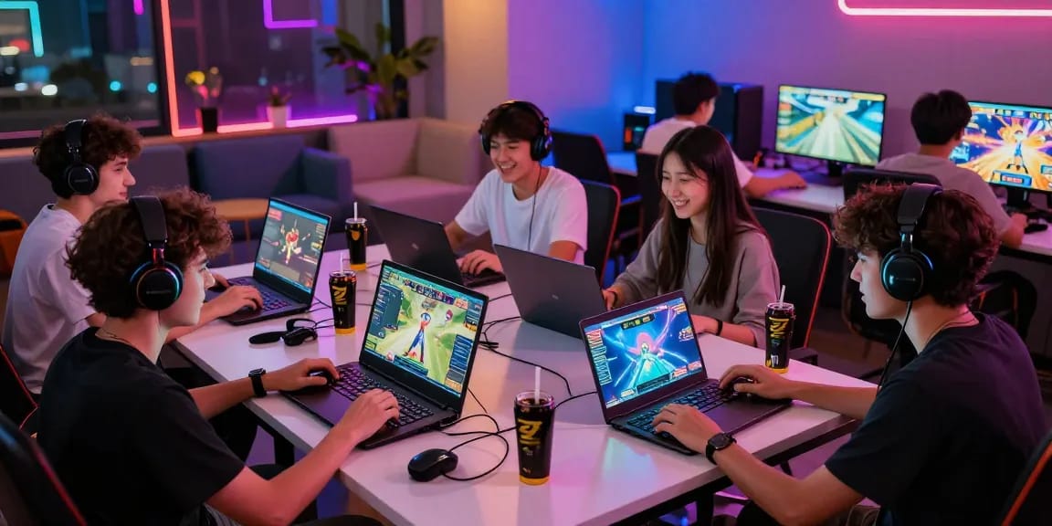 Engaging group enjoying slot88 gameplay in a vibrant gaming lounge
