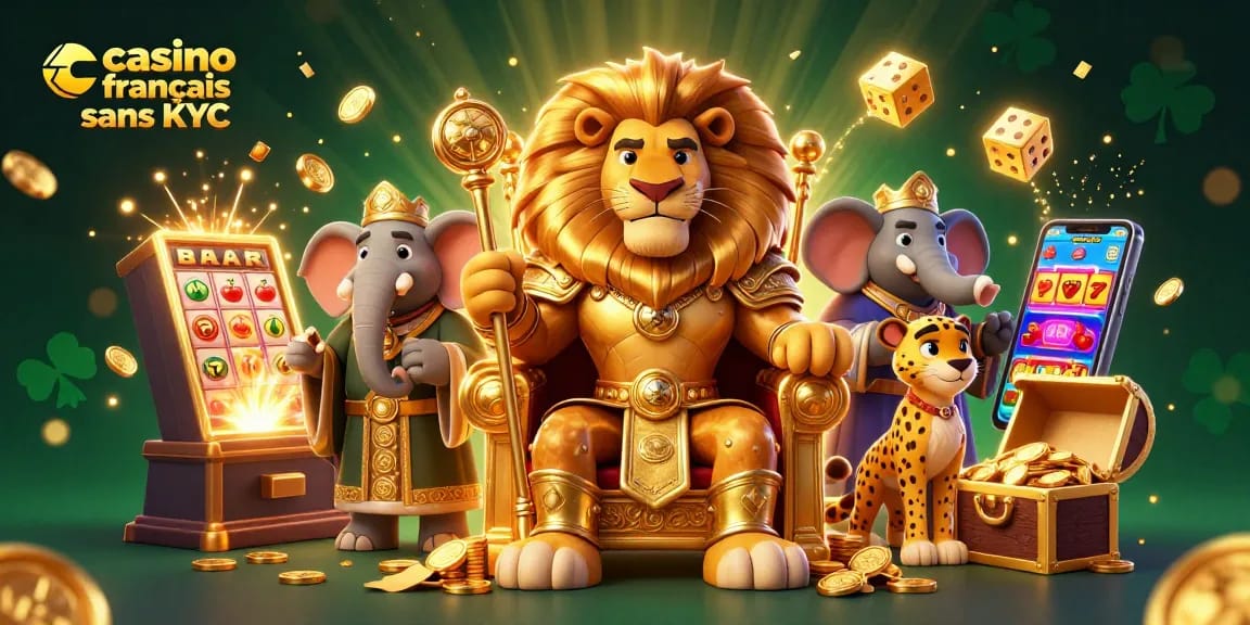 Jouez dans un casino français sans KYC avec un roi lion, un éléphant sage et un guépard messager au milieu de machines à sous.