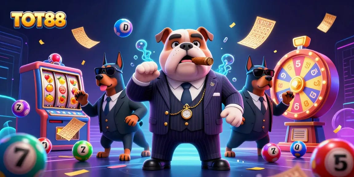 Experience vibrant gaming action featuring TOT88 with dynamic lottery elements and a mafia boss.