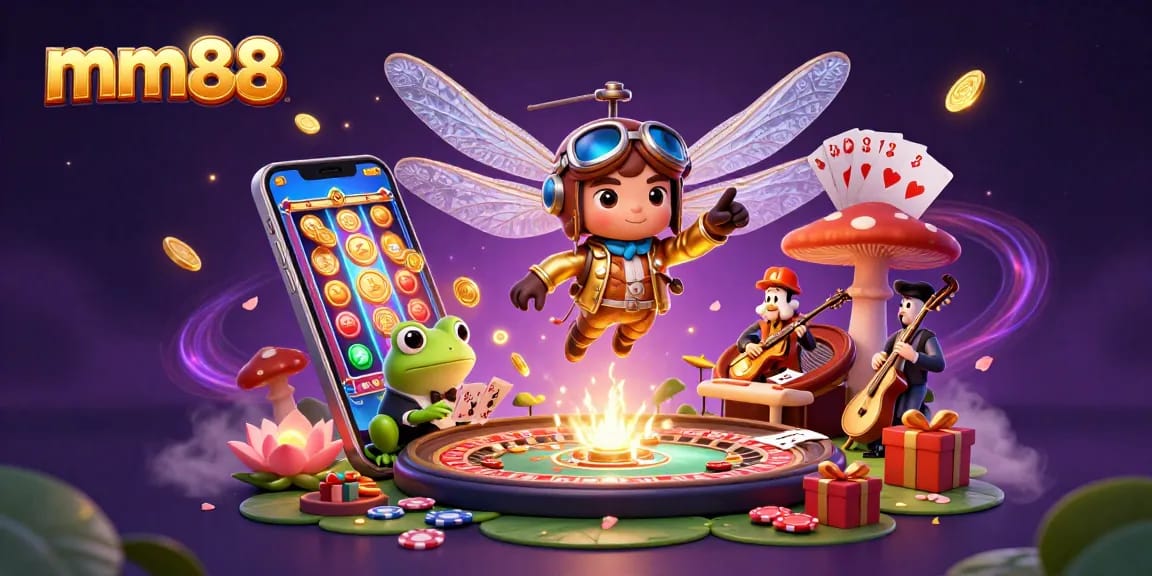 Experience vibrant gaming action at mm88 with a lively dragonfly pilot, frog dealer, and jazz musicians in a dynamic casino scene.