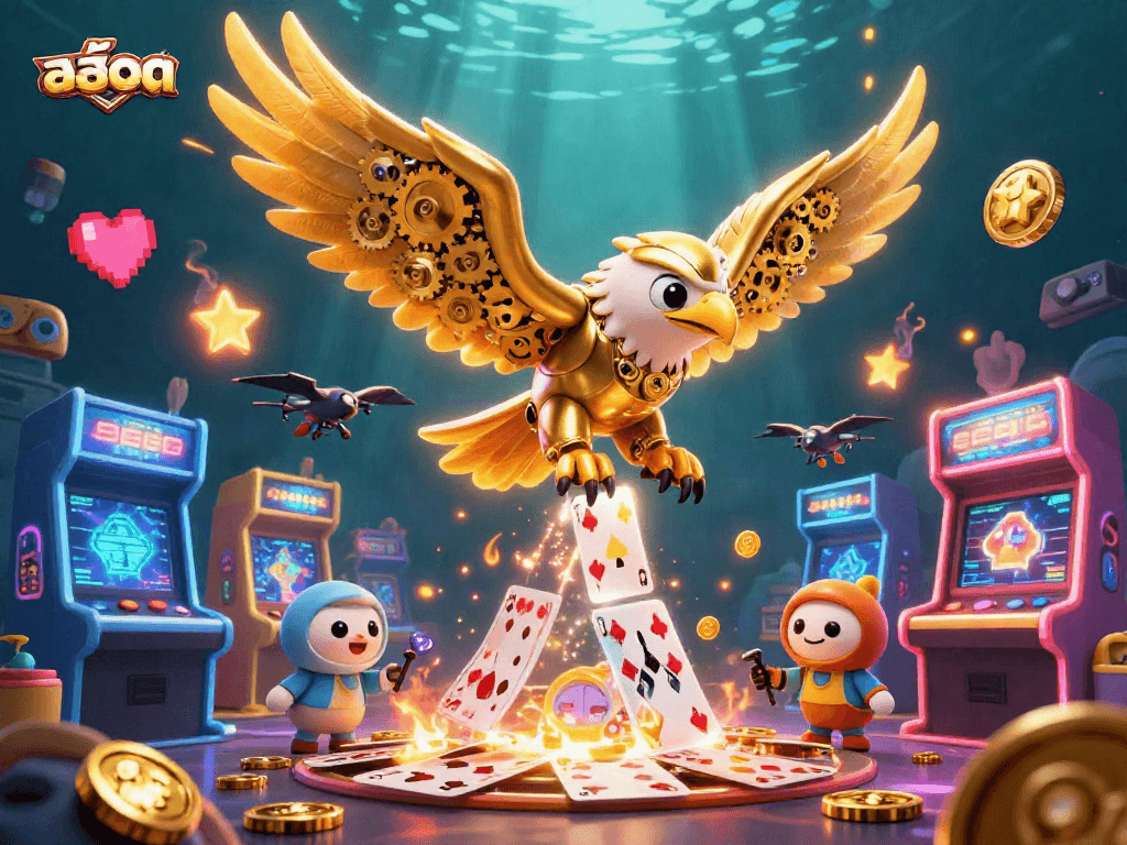 Experience สล็อต with a cybernetic golden eagle flying through vibrant casino elements.