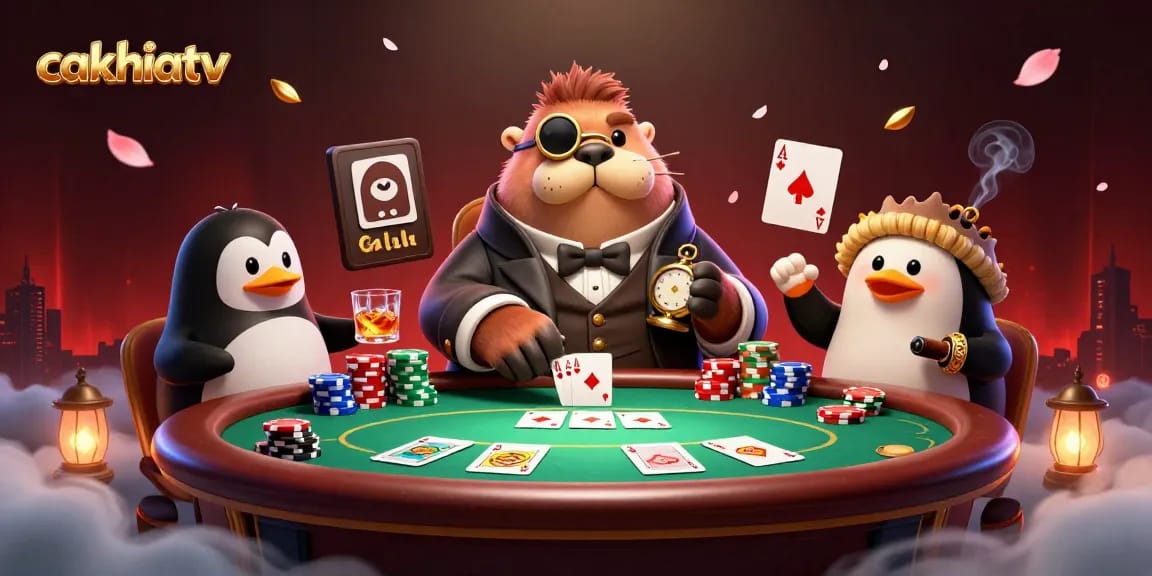 CakhiaTV features a jolly walrus, penguin dealer, and pufferfish player bluffing at an underwater poker table.