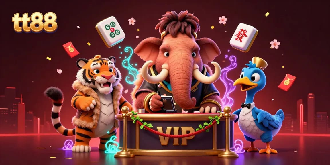 Experience the vibrant world of tt88 online gaming with a detailed scene featuring a mammoth bouncer, tiger VIP, and dodo doorman.
