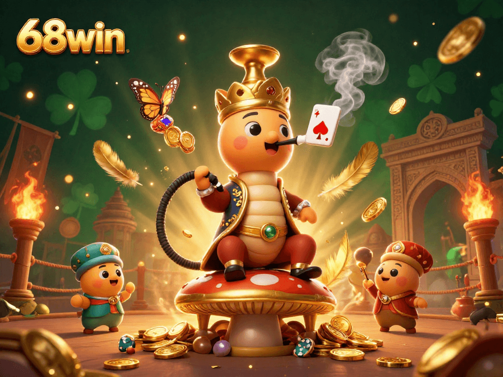 Spin the reels at 68win with a vivid 3D illustration featuring a caterpillar poker master surrounded by casino symbols.