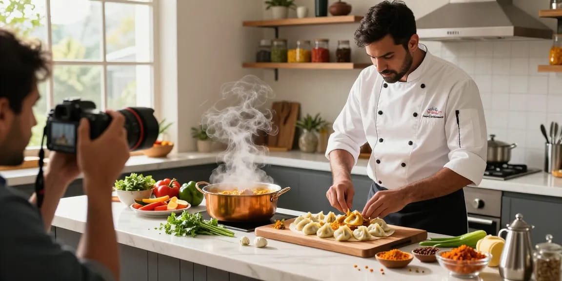 Discover authentic flavors at https://namastecurryandmomo.com, featuring Indian curries and Nepali momos in a vibrant kitchen.