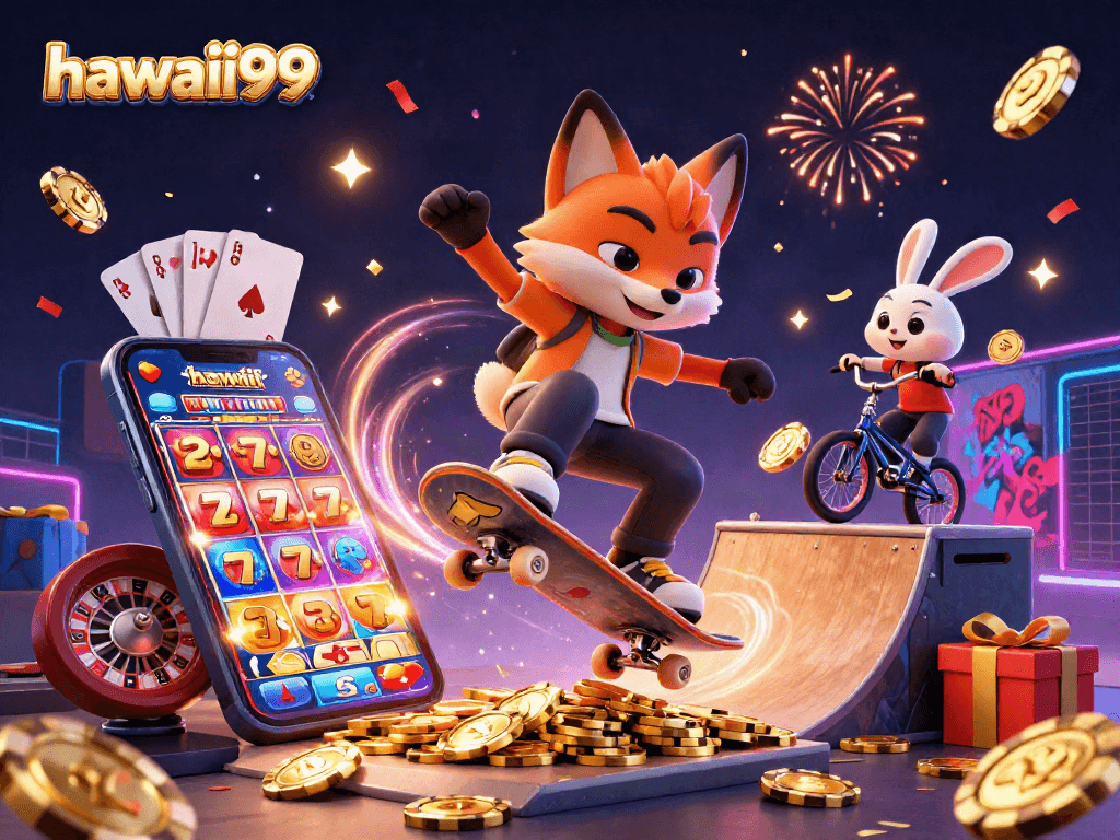 Engage in the vibrant excitement of hawaii99 with a skateboarder fox and BMX rabbit amid colorful casino elements.