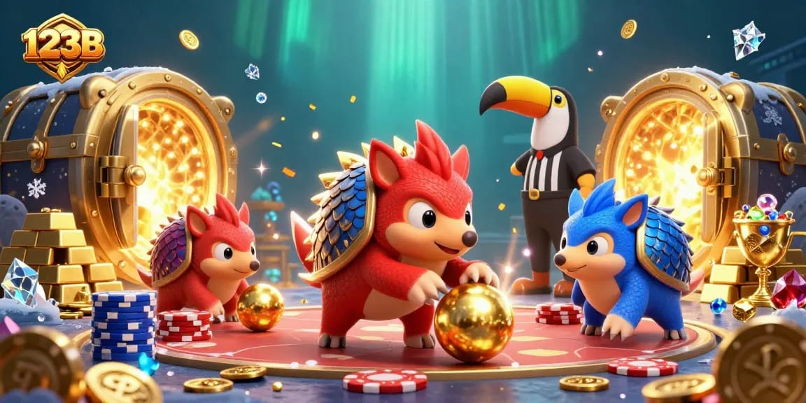 Compete with 123B in thrilling casino action, as rival pangolins roll into golden treasure with a toucan referee overseeing the game.