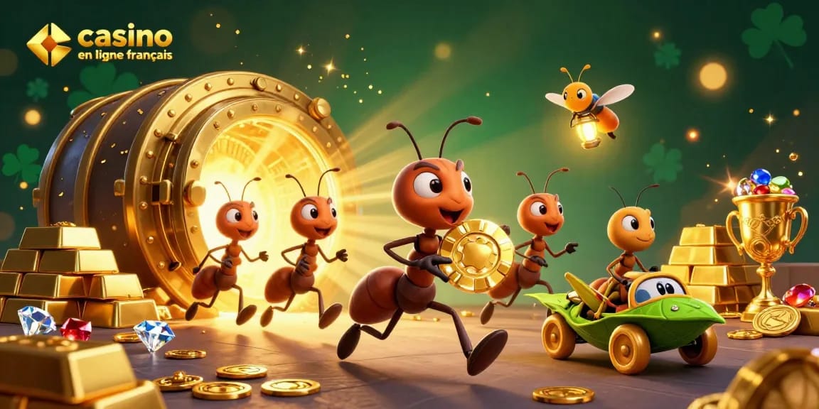 Les fourmis du casino en ligne français transportent d'énormes jetons dans une scène animée captivante.