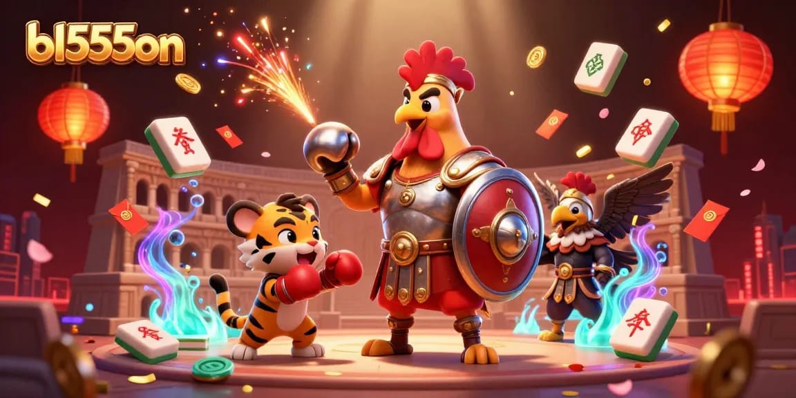 Experience excitement at bl555on with a 3D rendering of a rooster gladiator and sparring cub in a vibrant casino scene.