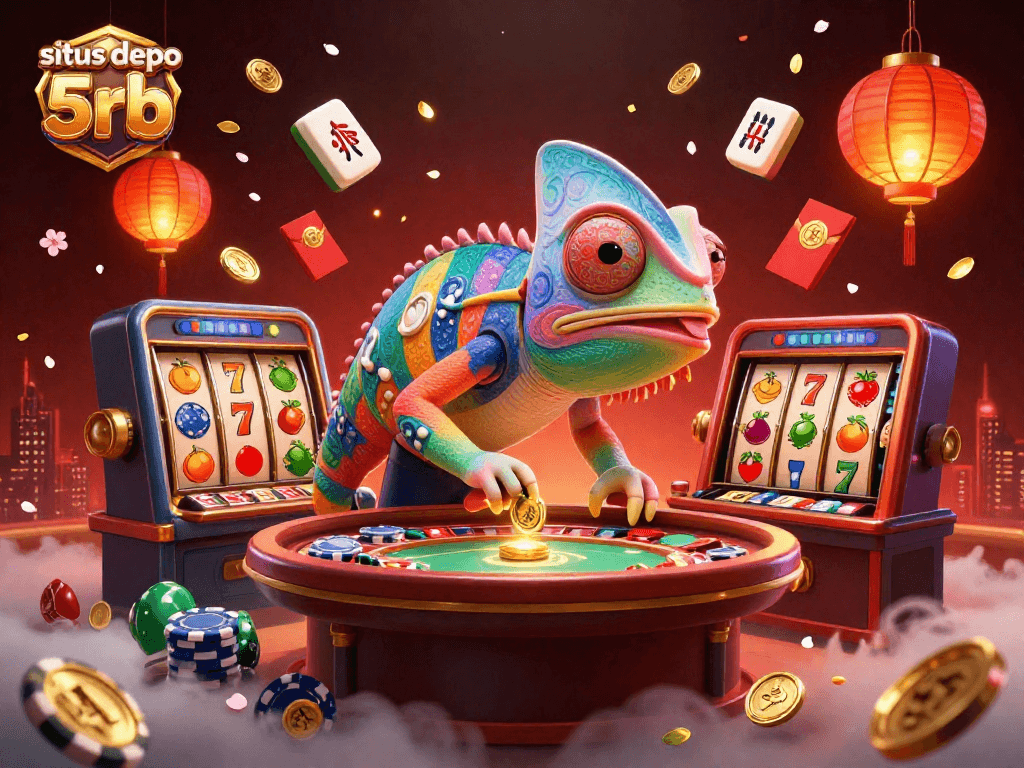Engage with situs depo 5rb's vibrant online slots scene featuring a chameleon casino owner capturing golden coins amidst rich casino elements.