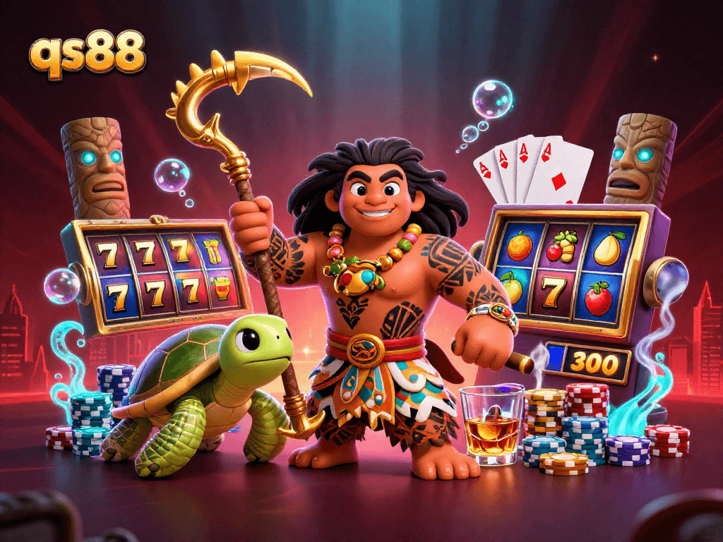 Experience excitement with qs88 as a demigod hawk and turtle navigate a vibrant casino scene filled with jackpots.