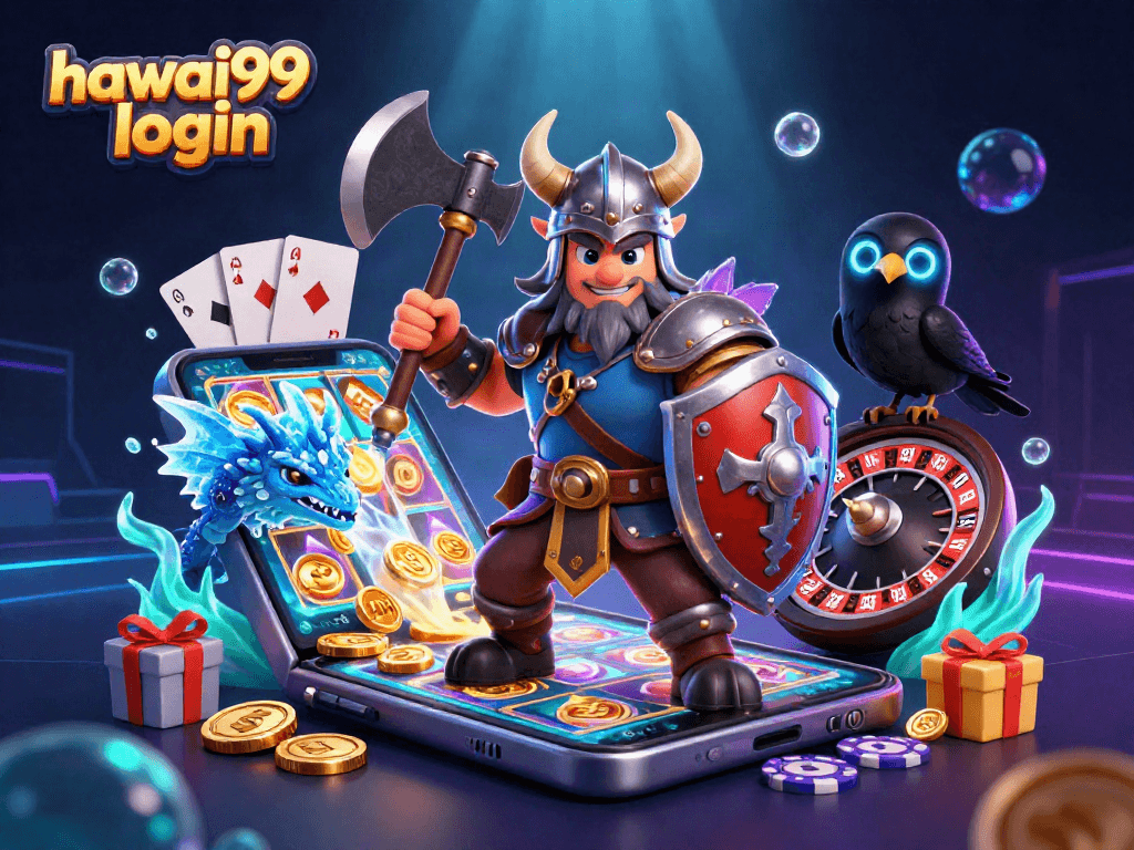Join the hawai99 login adventure with a Viking warrior, dragon, and raven in a colorful casino scene.