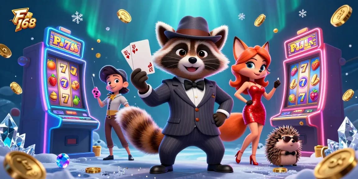 Experience the thrill of F 168 as the suave raccoon flaunts a royal flush amidst slot machines.