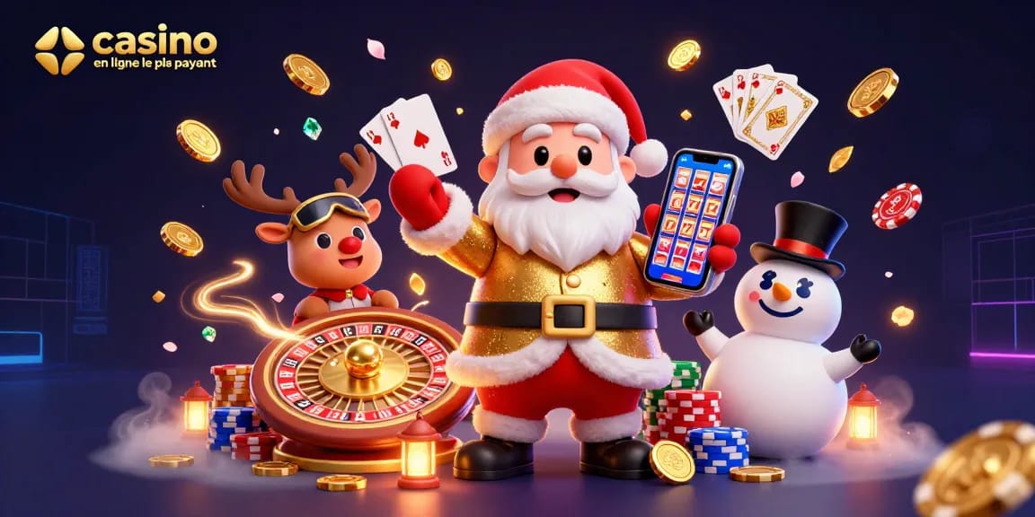 Découvrez le casino en ligne le plus payant avec le Père Noël, ses amis, et plein de jetons dans une scène dynamique.